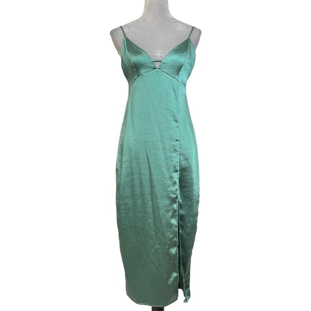 Y2k Satin Slip Dress Women’s M Green Maxi V-Neck Party Prom Cocktail Banquet
